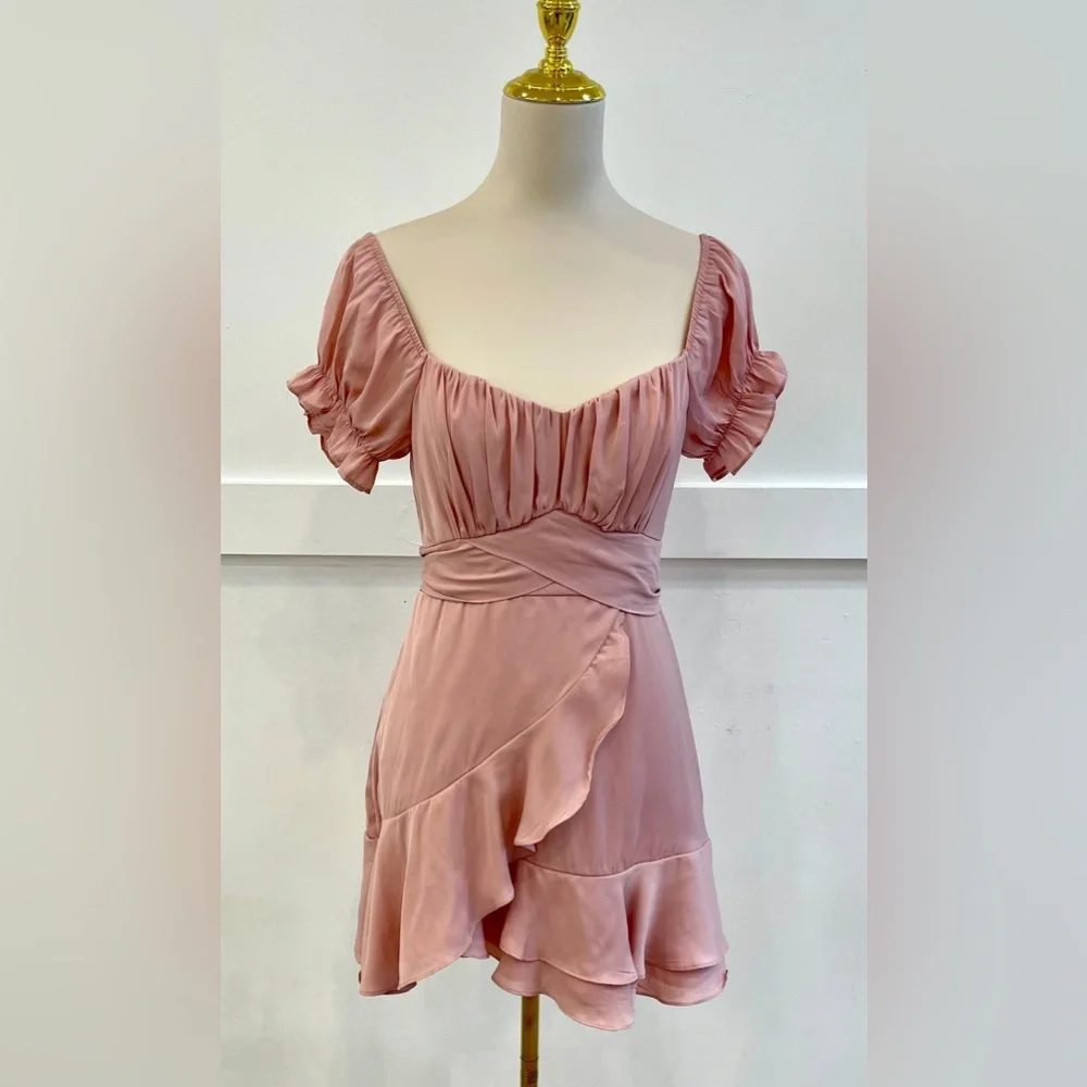 (2583-09) A-LINE WAIST SHORT BUBBLE SLEEVE RUFFLE V-NECK MINI SUMMER DRESS - Picture 3 of 4